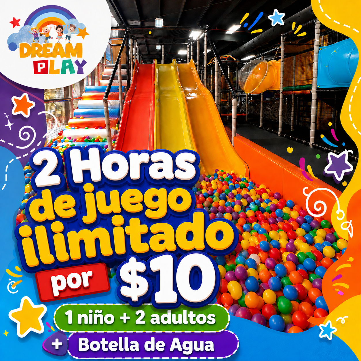 2 Horas de juego ilimitado para 1 niño + 2 adultos + Botella de Agua por $10 en Dream Play