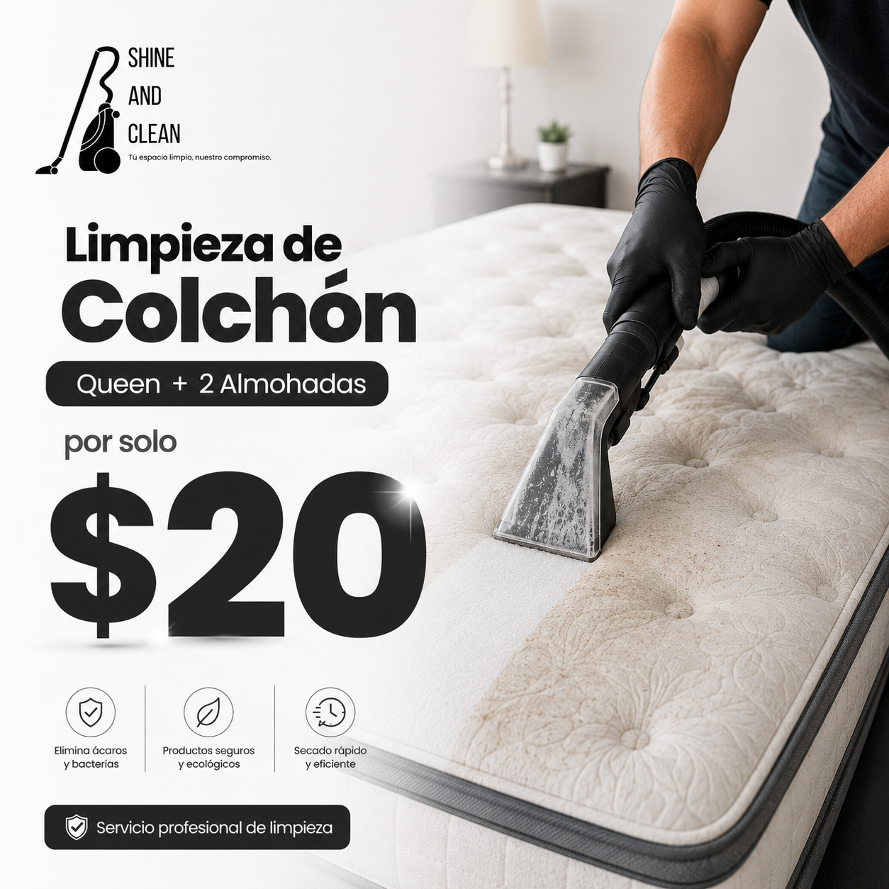 Limpieza de Colchón Queen + 2 Almohadas por solo $20 en Shine and Clean