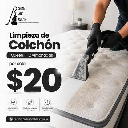 Limpieza de Colchón Queen + 2 Almohadas por solo $20 en Shine and Clean