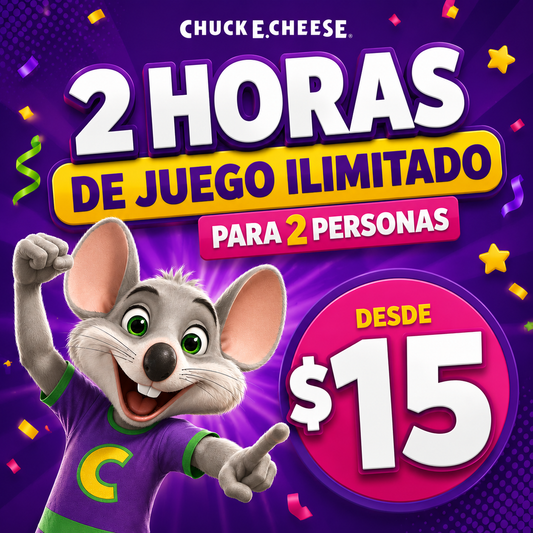 2 Horas de Juegos Ilimitado para 2 personas + 1 Pizza Regular + 2 Sodas + 50 tickets de regalo desde $15 en Chuck E. Cheese's de Multiplaza