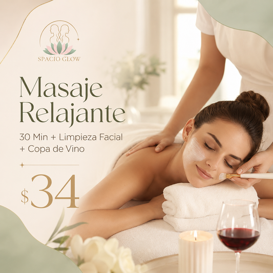 Masaje Relajante de 30 Minutos + Limpieza Facial + Copa de Vino por solo $34 en Spacio Glow