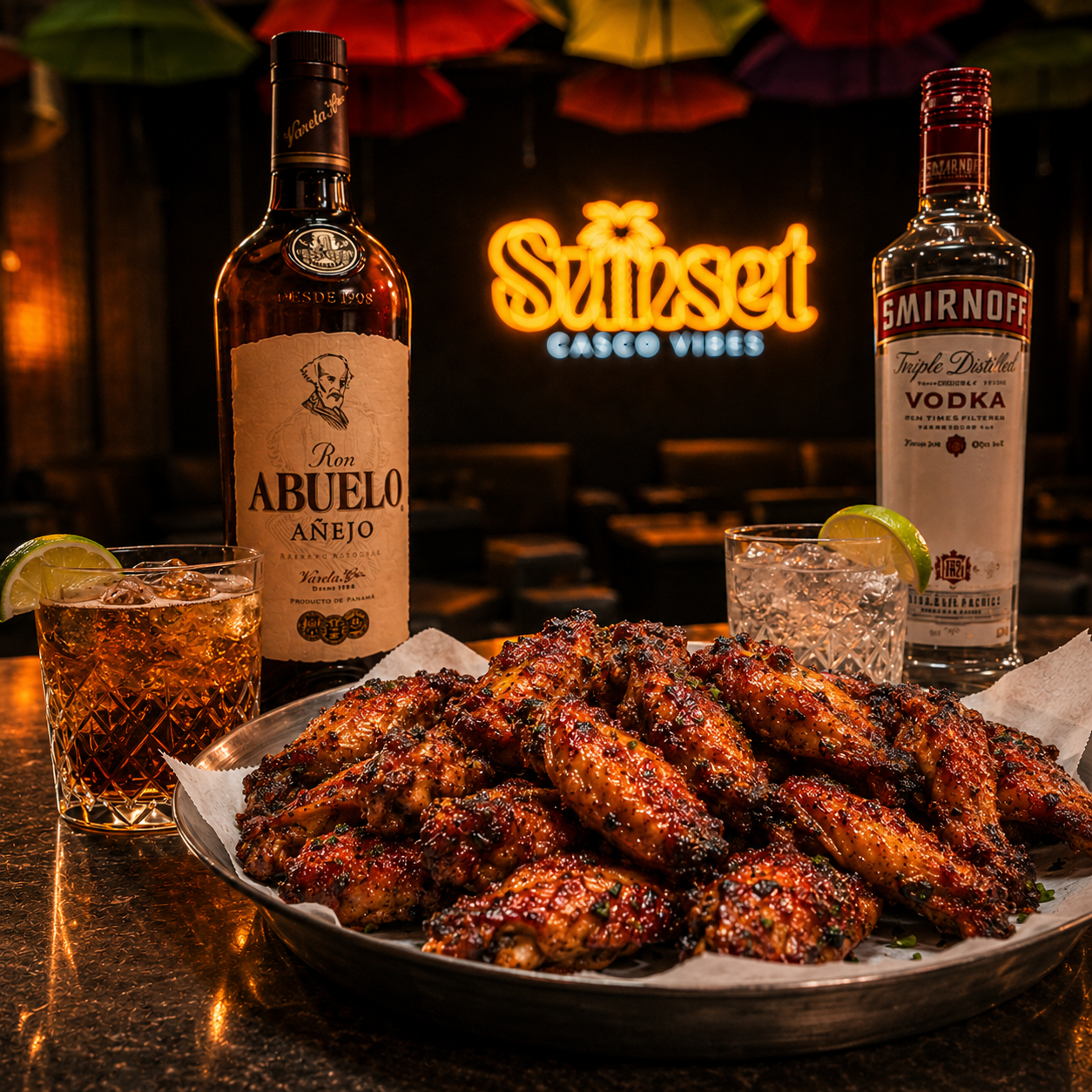 Open Bar de Ron y Vodka + 20 Alitas para 2 Personas por solo $20 en Sunset Casco Antiguo