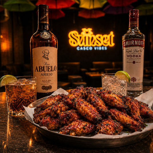 Open Bar de Ron y Vodka toda la noche + 20 Alitas para 2 Personas por solo $20 en Sunset Casco Antiguo
