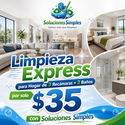 Limpieza Express para Hogar de 3 Recámaras + 2 Baños por solo $35