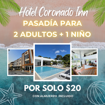 Pasadía con Piscina + Almuerzo Incluido + 2 Bebidas para 2 adultos y 1 niño por $20 en Hotel Coronado Inn