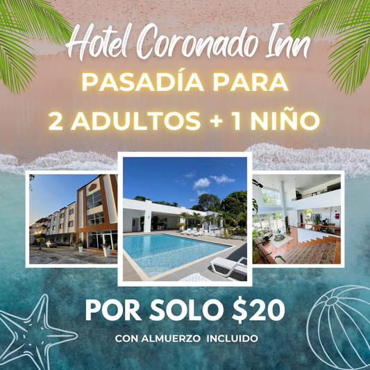 Pasadía con Piscina + Almuerzo Incluido + 2 Bebidas para 2 adultos y 1 niño por $20 en Hotel Coronado Inn