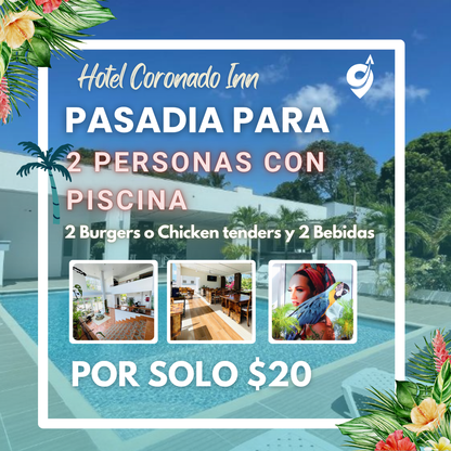 Pasadía con Piscina  para 2 personas + 2 Burgers o Chicken Tenders + 2 sodas por $20 en Hotel Coronado Inn