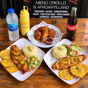 2 Platos de Pescado o Camarones + Wings + Acompañamientos + Bebidas