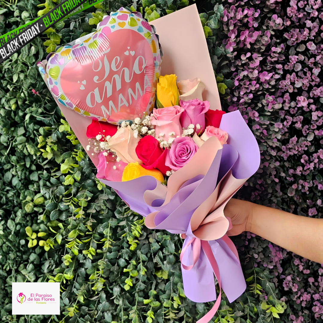 Bouquet Especial Para Mamá de 12 Rosas Importadas + Globo + Tarjeta Personalizada por $28 en El Paraíso de las flores.