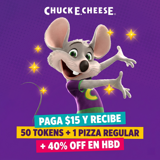 Paga $15 y Recibe 50 Tokens + 1 Pizza Regular + 40% Off en HBD en Chuck E. Cheese's de Centennial Mall