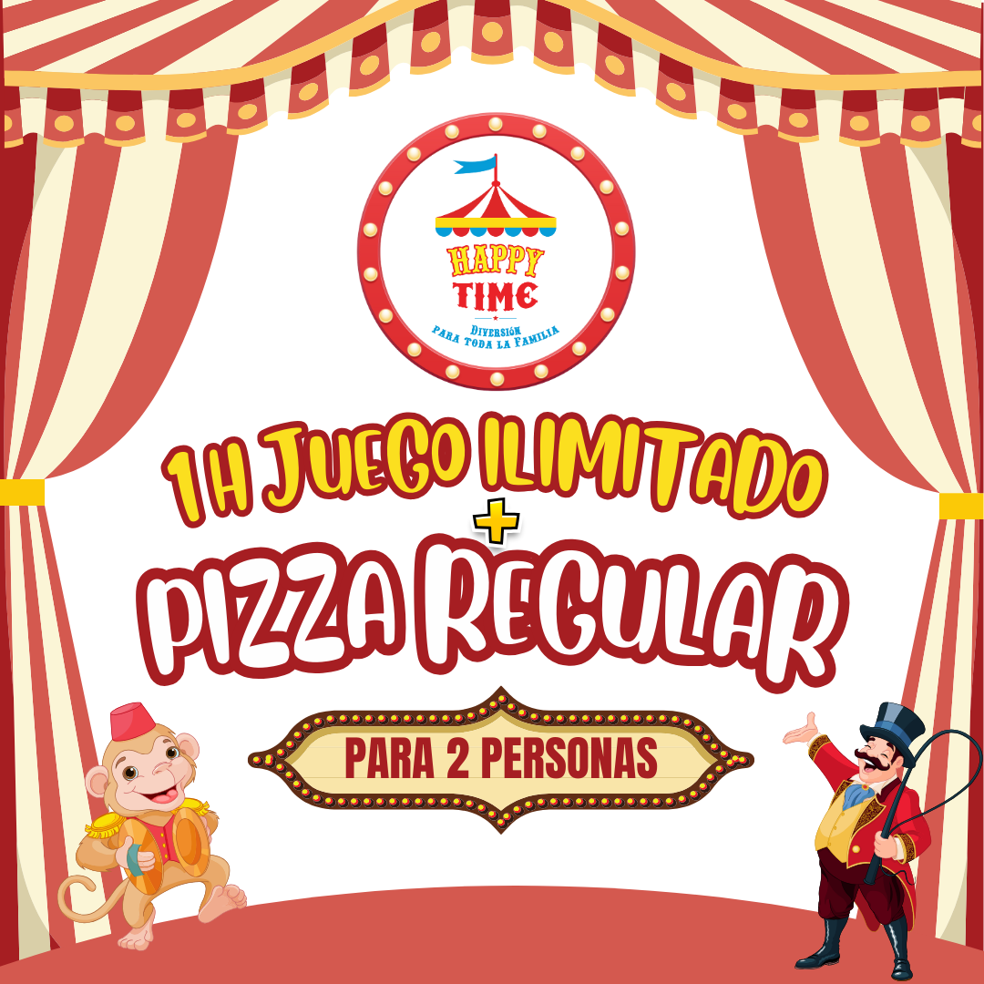 1 Hora de Juego Ilimitado + 1 Pizza Regular para 2 personas por $15 en Happy Time