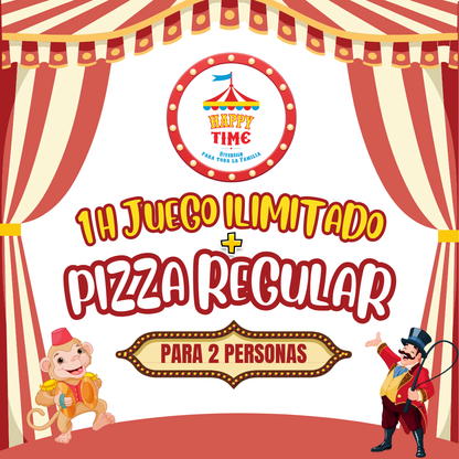 1 Hora de Juego Ilimitado + 1 Pizza Regular para 2 personas por $15 en Happy Time