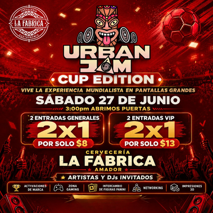 2 Entradas para Urban Jam Cup Edition por solo $8 General o $13 VIP en Cervecería La Fábrica Amador