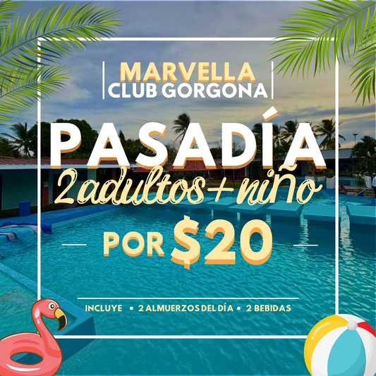 Pasadía con Piscina para 2 Adultos y 1 niño + 2 Almuerzos del día + 2 Bebidas por $20 en Marvella Club Gorgona