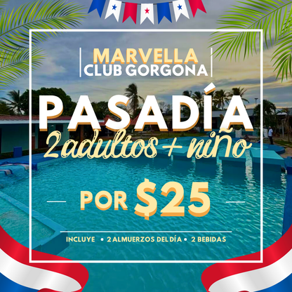 Fiestas Patrias 🇵🇦: Pasadía con Piscina para 2 Adultos y 1 niño + 2 Almuerzos del día + 2 Bebidas por $25 en Marvella Club Gorgona