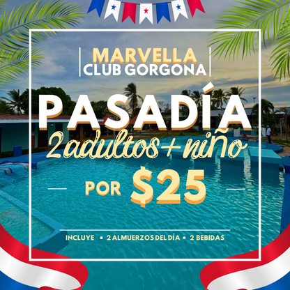 Fiestas Patrias 🇵🇦: Pasadía con Piscina para 2 Adultos y 1 niño + 2 Almuerzos del día + 2 Bebidas desde $12 en Marvella Club Gorgona