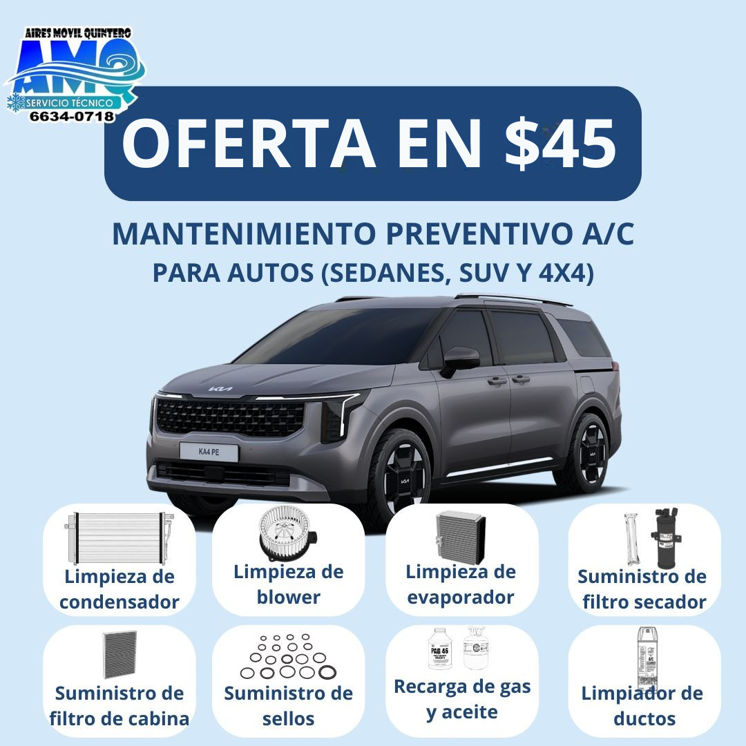 Servicio de Mantenimiento Preventivo de A/C para Autos, SUV y 4x4 por $45 en Aires Móvil Quintero