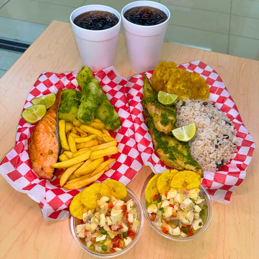 2 Platos Fuertes (Salmón y Filete) + 2 Entradas de Ceviche + 2 Bebidas por $15 en Pescao y Limón.