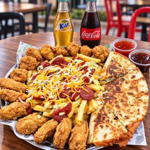 Bandeja para 2 con Alitas, Boneless, Quesadilla, Mega Salchipapa y Sodas
