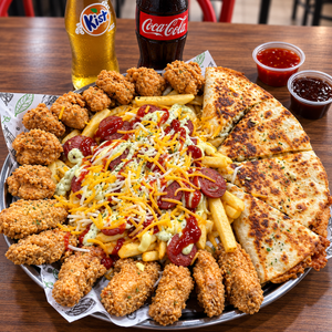 Bandeja para 2 con Alitas, Boneless, Quesadilla, Mega Salchipapa y Sodas