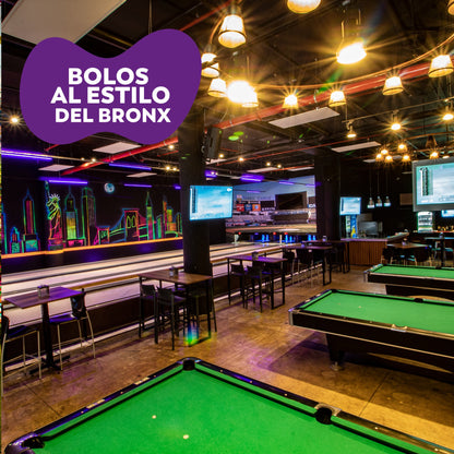 1 Hora y Media de Bolos + Zapatos + 15 Alitas por solo $35 en Bolos del Bronx
