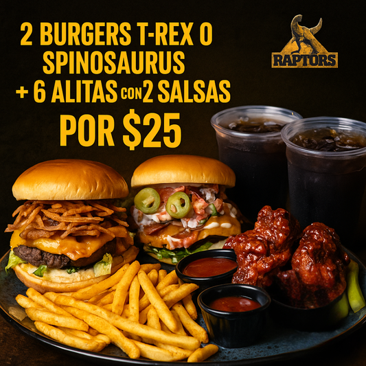 2 Burgers T-Rex o Spinosaurus + 6 Alitas con 2 Salsas + 2 Sodas por $25 en Raptors