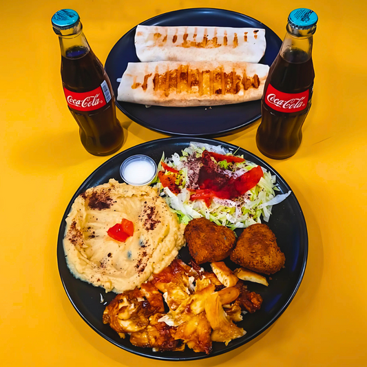 2 Shawarmas de Pollo + Hummus con Pan Pita +  Ensalada + 2 Falafel + Pollo de Pincho + 2 Bebidas por $15 en Shawarma Al Nour