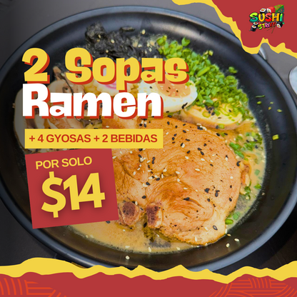 2 Sopas Ramen de Puerco o Pollo + Entrada de Gyozas + 2 Bebidas por $14 en Sushi Street