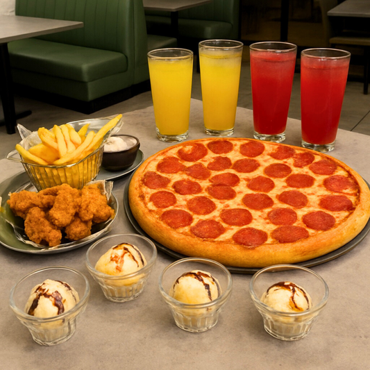 Pizza Familiar de 14" + Alitas + 4 Bebidas + 4 Copas de Helado por $22 en Valenti's