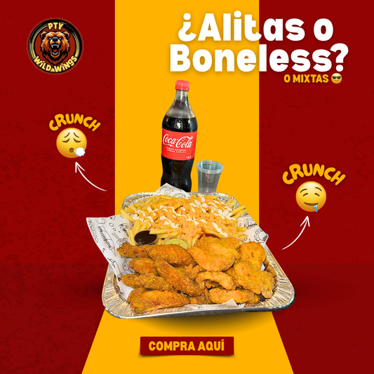 Bandeja de 20 alitas o boneless + Papas Fritas bañadas en Queso Cheddar + 4 Salsas a Eligir + Litro de Soda por $16 en Wild Wings PTY