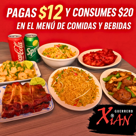 Pagas $12 y consumes $20 en el Menú de Comidas y Bebidas en Guerrero Xian