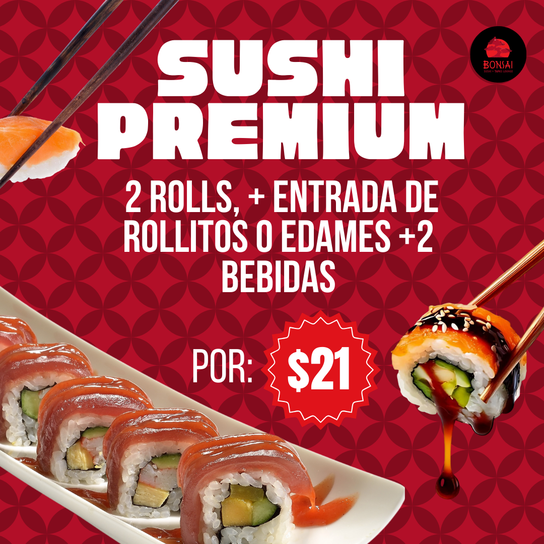 2 Rolls de Sushis + Entrada de Rollitos de Primavera o Edamames + 2 Bebidas por $21 en Bonsai El Panamá Restaurants