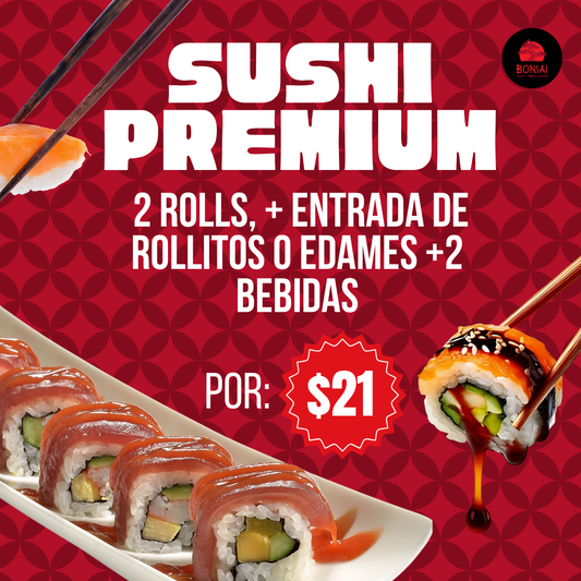 2 Rolls de Sushis + Entrada de Rollitos de Primavera o Edamames + 2 Bebidas por $21 en Bonsai El Panamá Restaurants