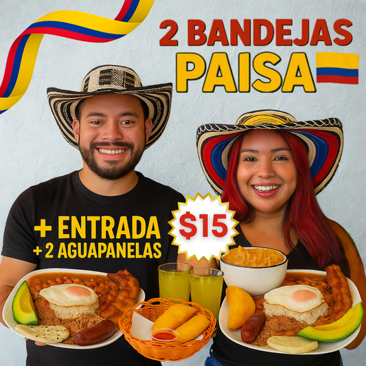 2 Bandejas Paisa + Entrada de Empanadas + 2 Bebidas por $15 en Delicias del Fogón Latino