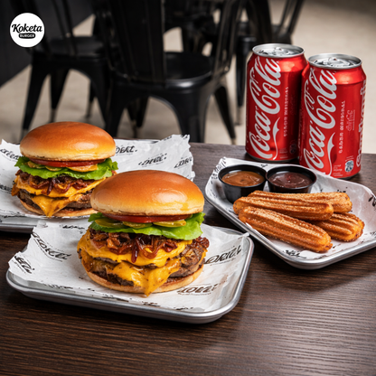 2 Burger + 1 Orden de Churros Koketos + 2 Bebidas por $10 en Koketa Burger