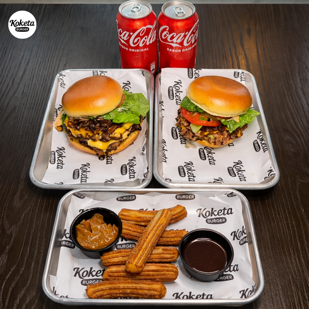 2 Burger + 1 Orden de Churros Koketos + 2 Bebidas por $10 en Koketa Burger