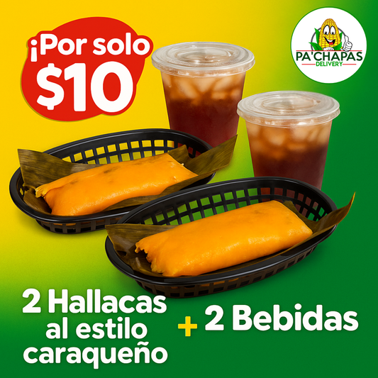 2 Hallacas Al Estilo Caraqueño + 2 Bebidas por solo $10 en Pa’Chapas Delivery