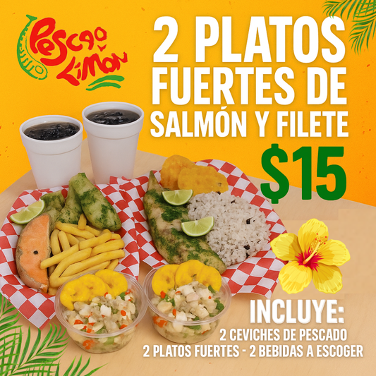 2 Platos Fuertes (Salmón y Filete) + 2 Entradas de Ceviche + 2 Bebidas por $15 en Pescao y Limón.