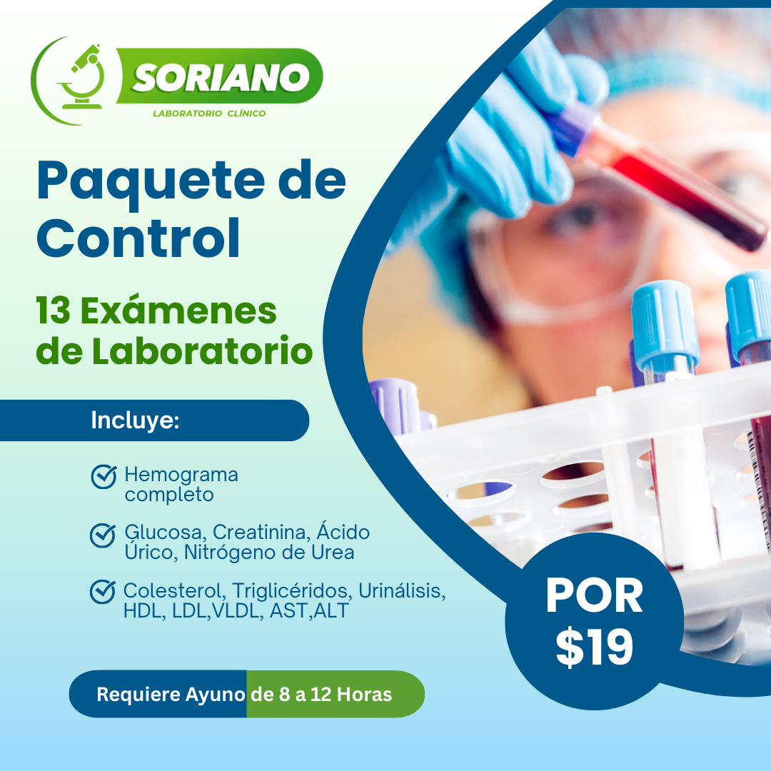 Paquete Control de Salud con 13 Exámenes de Laboratorio por $19 en Laboratorio Clínico Soriano