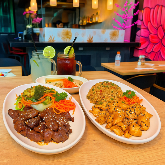 Combo de 2 Teppanyaki de Pollo o Carne + Entrada para Compartir + 2 Bebidas por $18.99 en Sushi Market