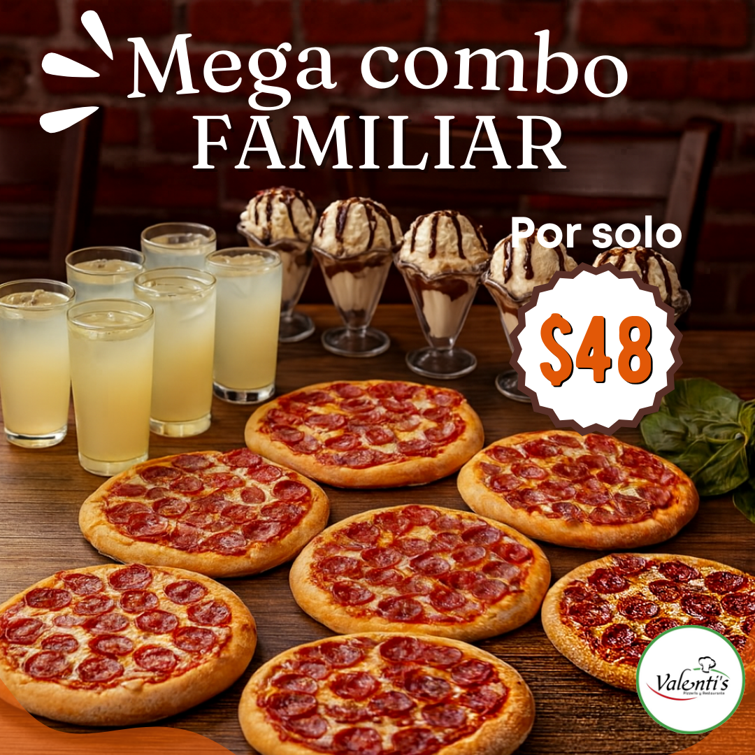 Mega Combo Familiar: 2 Entradas + 6 Pizzas Personales de Especialidad + 6 Limonadas + 6 Copas de Helado por $48 en Valenti's