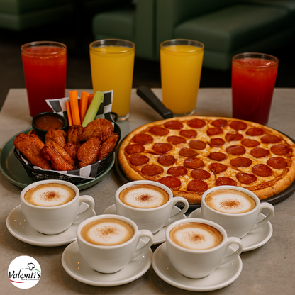 Combo Familiar Deluxe: Pizza 14” +  Entrada de Alitas + 4  Cappuccinos + 4 Bebidas por $28 en Valenti's